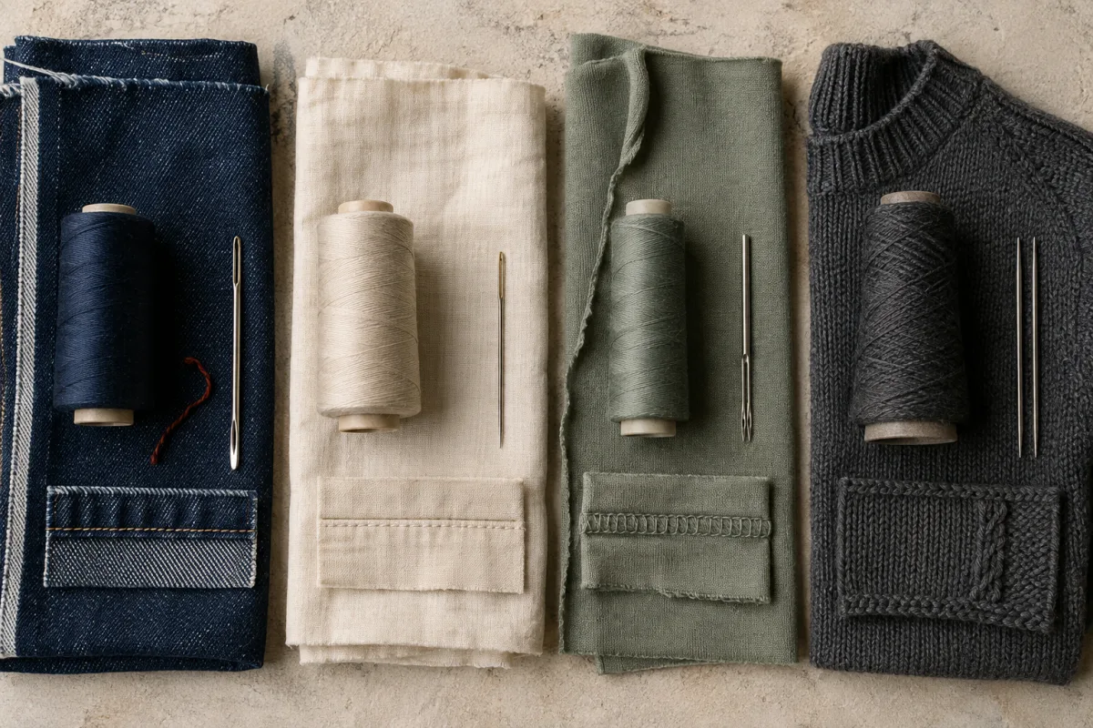 Four cloths in a row, raw denim, fine shirting, jersey and a knitted panel, each with its own thread cone, its own needle and its own seam sample laid on it