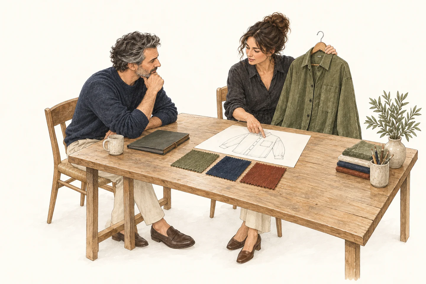 Illustration of a founder and designer discussing an adult olive overshirt, its garment sketch and three fabric options.