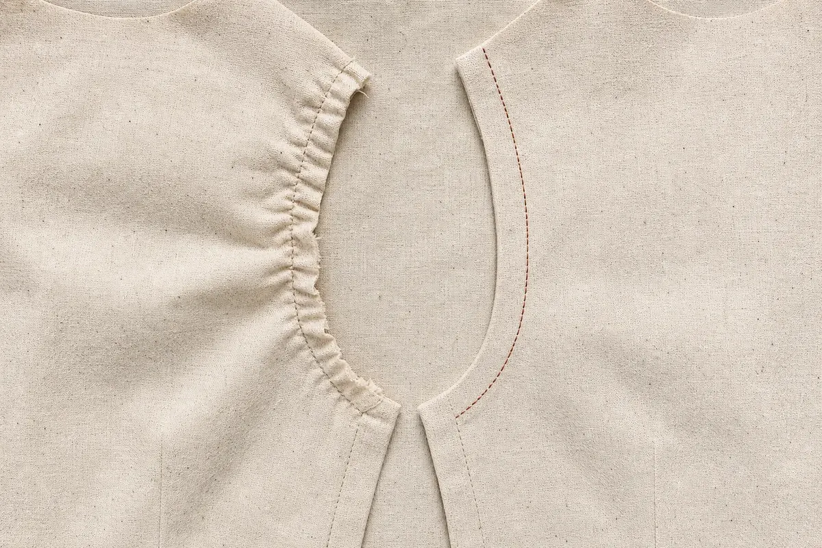 Two calico bodice fronts, the left with its armhole gathered and puckered, the right with the same seam lying smooth beside a rust-red stitch line