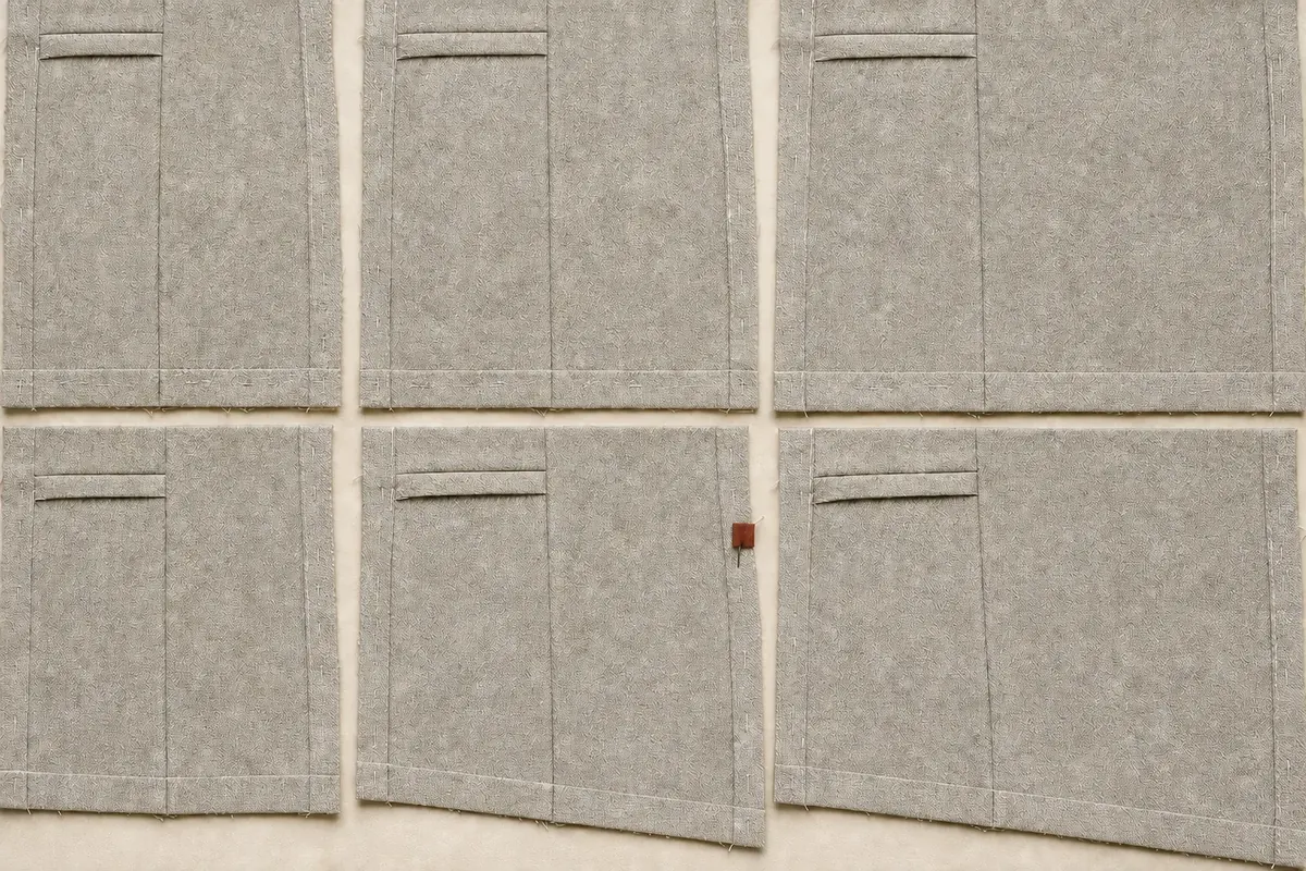 Two rows of three sizes, one hem staying level at every size and the other tilting further as the sizes grow