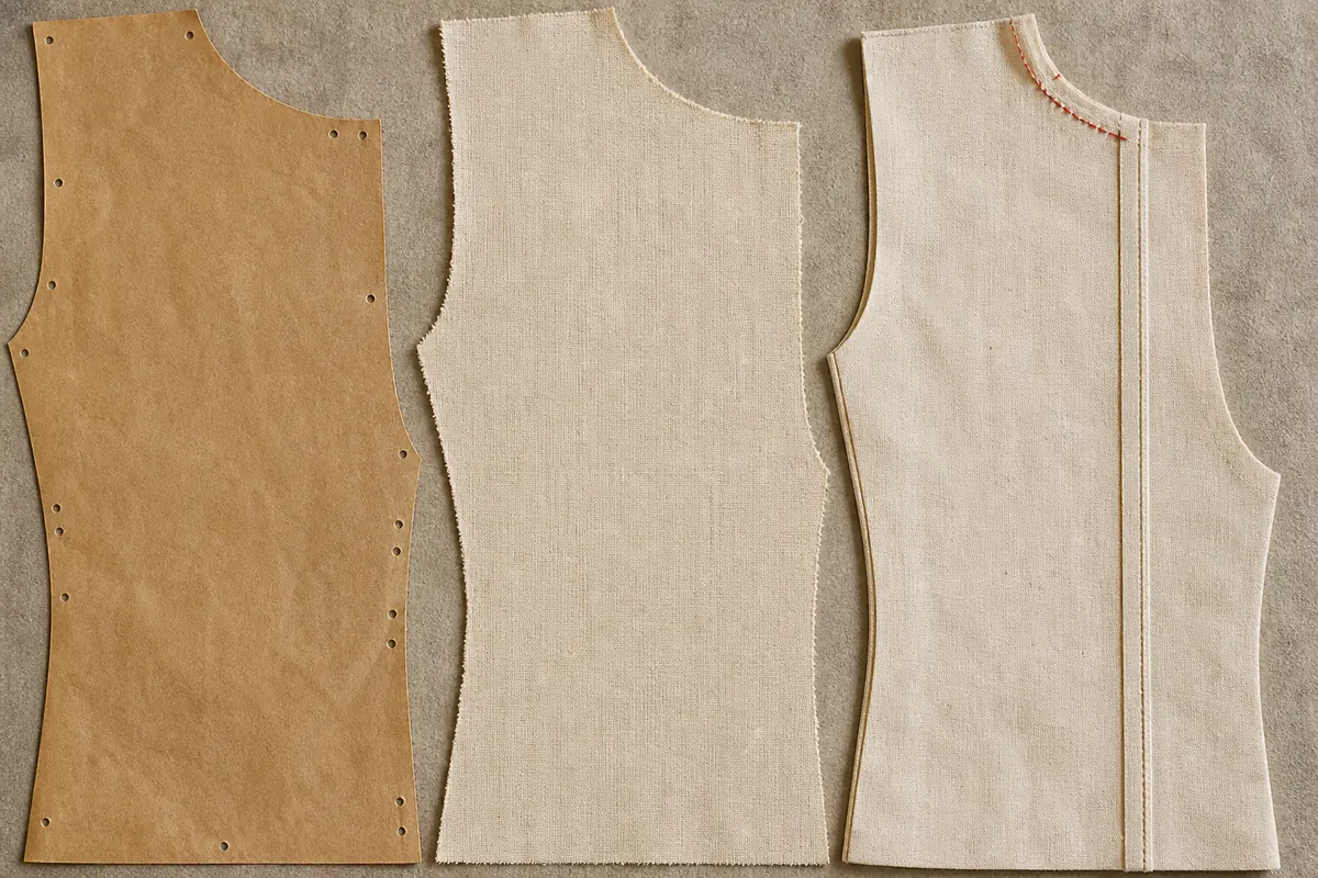 The same bodice front in three states at one size: a brown paper pattern piece with punched holes and drill marks, the same shape cut in calico with raw edges, and the same shape sewn with its seam pressed open and a rust-red stitch at the shoulder