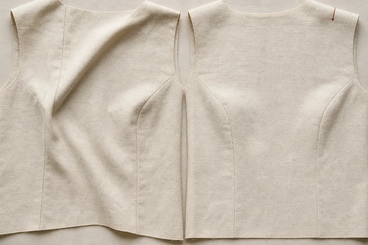 Two calico bodice fronts, the left with a fold dragging from the shoulder and a hem that rises at one side, the right level under a rust-red shoulder stitch