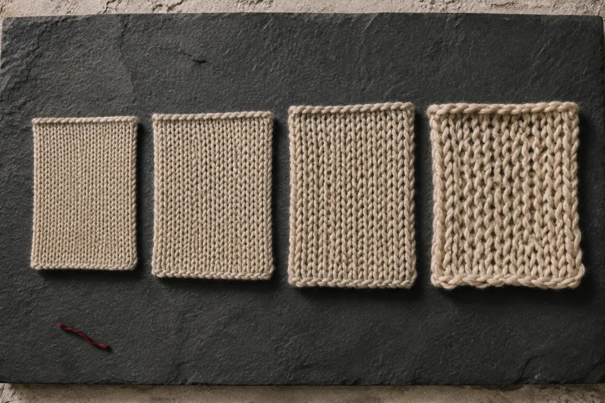 Four swatches in one oat yarn laid in a row on dark slate, the stitch running from fine and dense at one end to coarse and open at the other