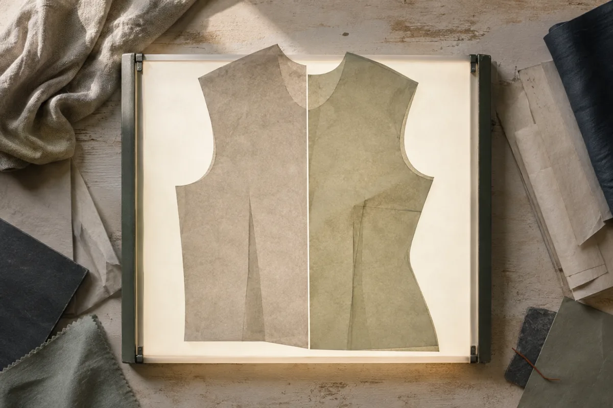 A men's and a women's paper bodice block on a lightbox, butted at the centre front, the left shoulder line straight and the right one dropping into a shaped waist and a deeper armhole