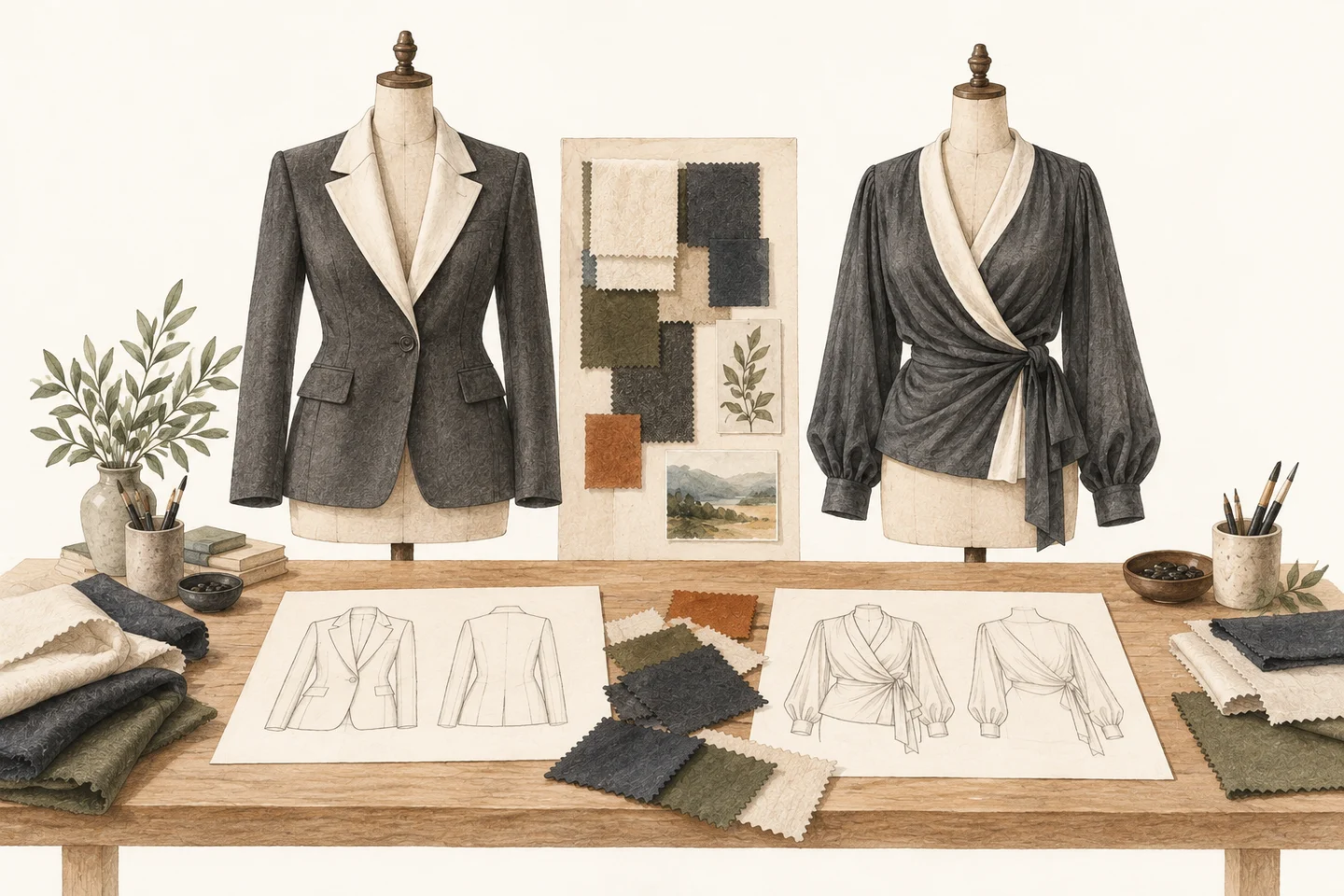Illustration of one fabric palette beside an adult structured jacket and a draped wrap blouse, with matching garment sketches.