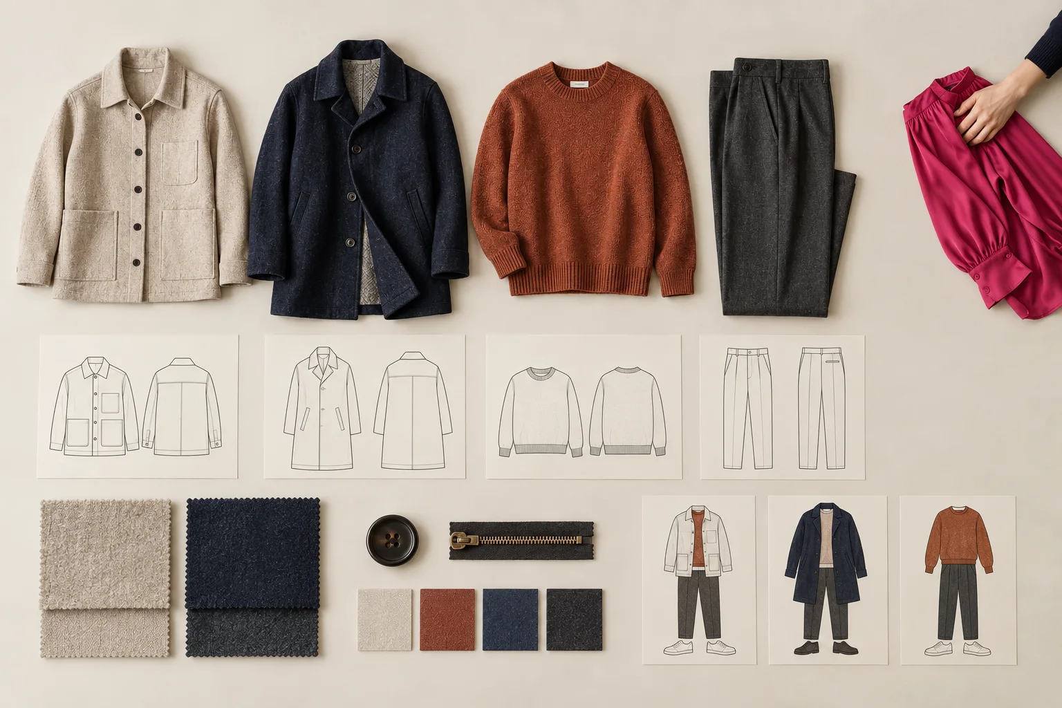 Four coherent garments kept together while an unrelated bright garment is removed, with shared fabrics, trims, colours and outfit combinations below.