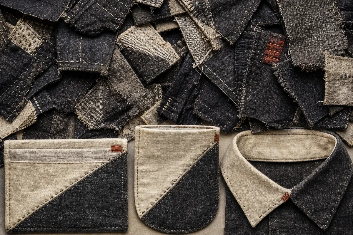 A heap of worn and frayed dark patches, and below it a card holder, a pocket and a collar all built on the same cream-and-dark diagonal join