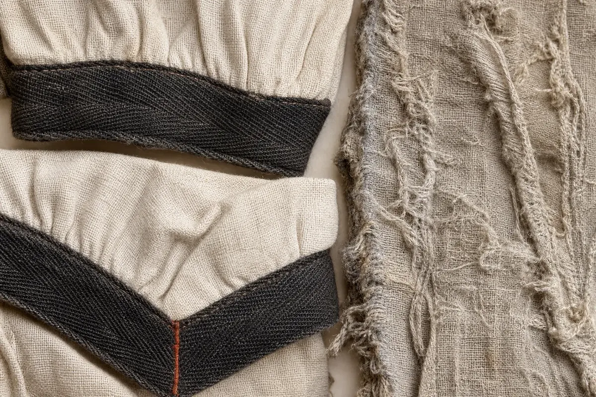 Two cream cuffs banded in dark cloth, one folded back to show the mitred join marked in rust-red, beside a third piece that is faded and frayed all over