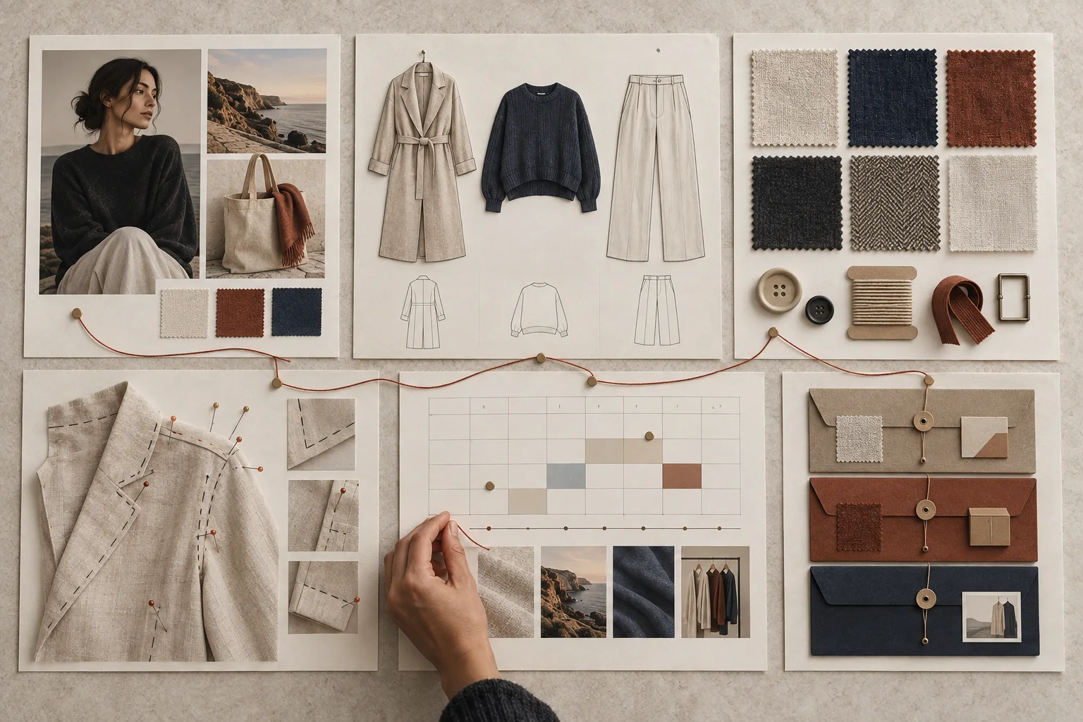 A first clothing-brand brief arranged in six connected parts: customer, collection, materials, sample corrections, launch timing and three budget areas.