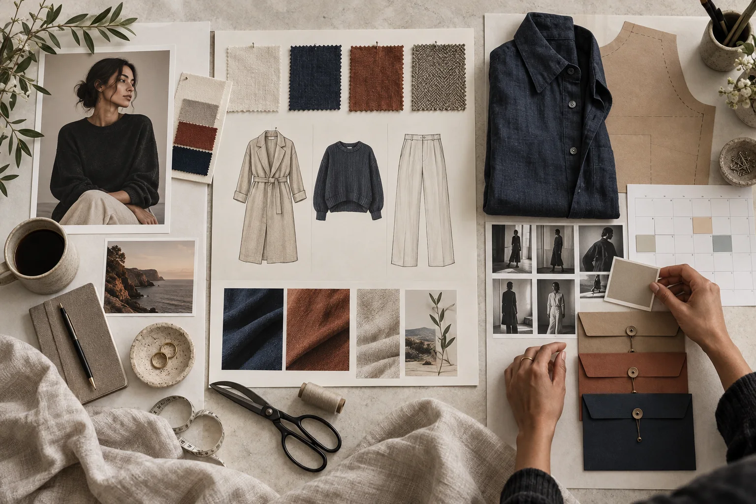 A founder's worktable connecting a customer reference, a focused three-piece collection, materials, a sample, launch photography, timing and budget envelopes.