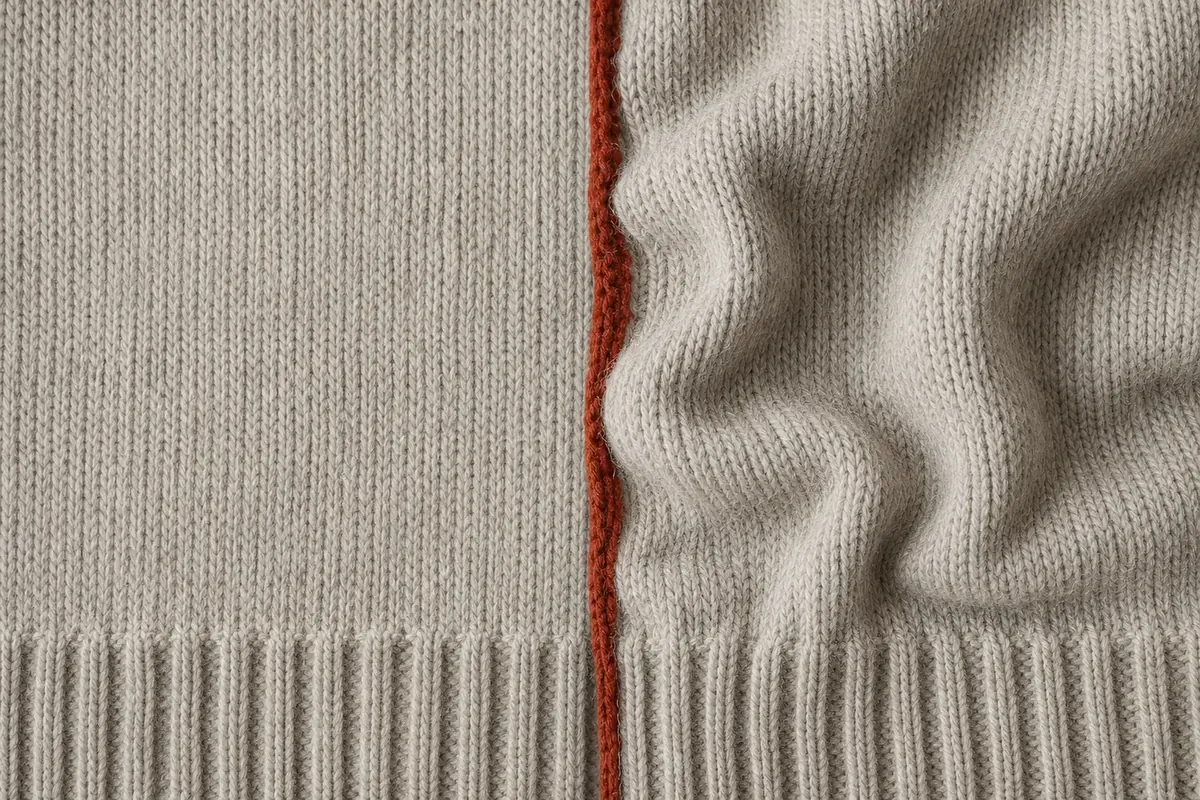 Two knitted panels with ribbed cuffs, the left flat and even, the right rippling and lifting away along its rust-red join