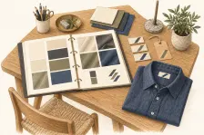 Illustration of a material reference binder, woven labels, a hangtag and an adult indigo shirt sharing a simple diagonal-bar motif.