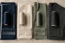 Four cloths in a row, raw denim, fine shirting, jersey and a knitted panel, each with its own thread cone, its own needle and its own seam sample laid on it