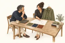 Illustration of a founder and designer discussing an adult olive overshirt, its garment sketch and three fabric options.