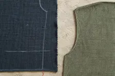 On the left a jersey panel cut from yardage, its edge raw and curling with chalk marks still on the face; on the right a knitted panel shaped on the machine, its armhole edge finished in the knit with nothing cut