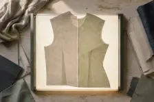A men's and a women's paper bodice block on a lightbox, butted at the centre front, the left shoulder line straight and the right one dropping into a shaped waist and a deeper armhole