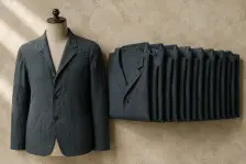 One adult jacket on a tailor's dummy with pins at the shoulder and a line of rust-red basting across it, and the rest of the size run folded and stacked unopened beside it