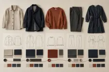 Five complementary adult garments aligned with fashion flats, fabric choices, shared trims and a coordinated colour system.