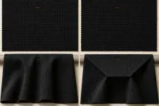 Two flat black swatches that look identical, and below them the same two hung over an edge, one collapsing into soft folds and the other holding a stiff angular shape