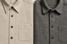 Two shirt fronts of the same shape in different cloths, one a crisp twill with a sharp collar and flat pocket, the other a soft brushed wool whose collar rounds and collapses