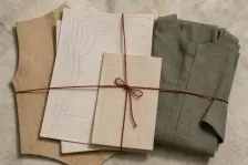 A brown paper pattern piece, a printed graded nest, a specification sheet, a ruled measurement record and a folded adult sample, stacked and tied across with rust-red thread