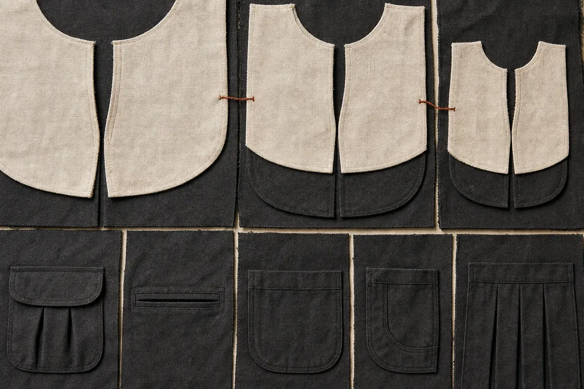Three cream-over-dark garment fronts in descending size joined by a rust-red thread, above five separate dark swatches each carrying a different pocket or pleat