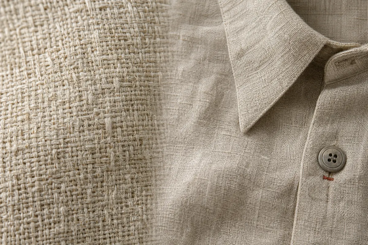 One continuous piece of oat cloth photographed at two scales, extreme macro with individual threads legible on the left, pulling back on the right to the same cloth as a folded shirt front with a button and collar point