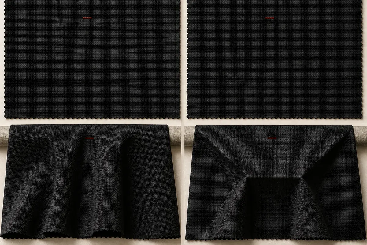 Two flat black swatches that look identical, and below them the same two hung over an edge, one collapsing into soft folds and the other holding a stiff angular shape