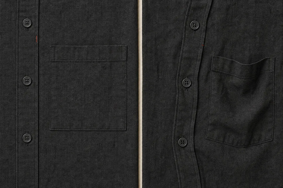 Two dark panels, the left with a straight placket and a square pocket, the right with the same placket wandering off line and the pocket slumped
