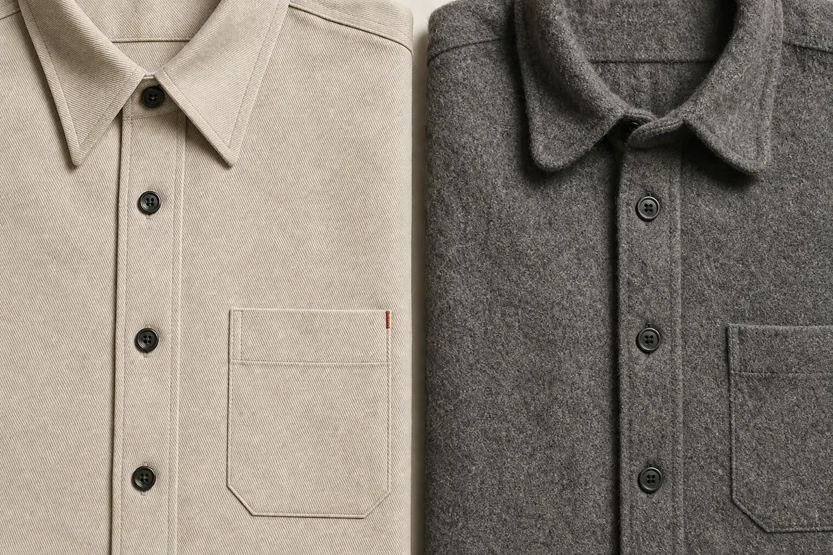 Two shirt fronts of the same shape in different cloths, one a crisp twill with a sharp collar and flat pocket, the other a soft brushed wool whose collar rounds and collapses
