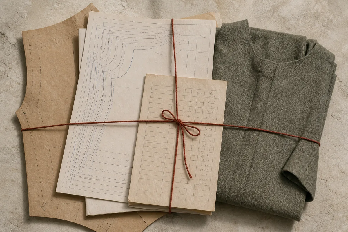 A brown paper pattern piece, a printed graded nest, a specification sheet, a ruled measurement record and a folded adult sample, stacked and tied across with rust-red thread