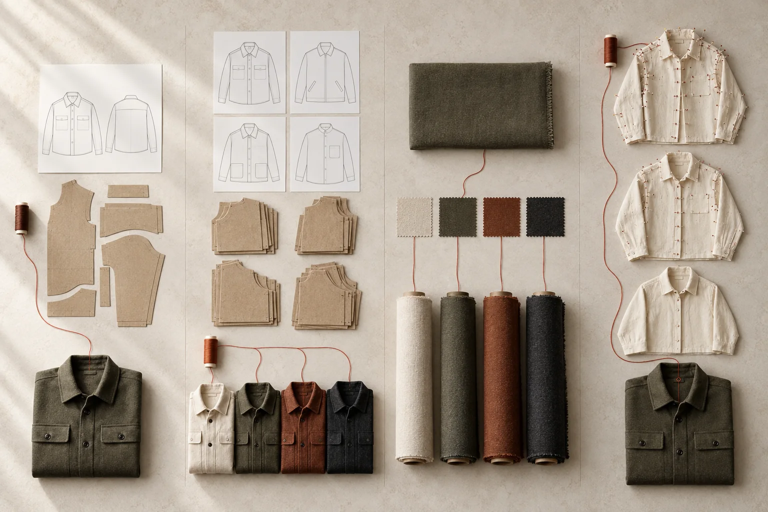 Four development-cost drivers compared in modules: one style, several distinct styles, several colour and fabric commitments, and repeated fit samples.