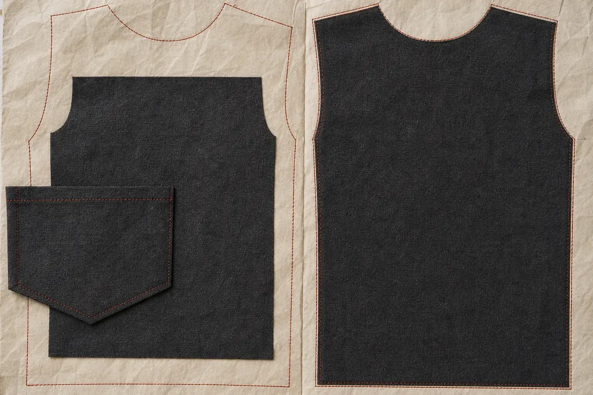 Two paper pattern outlines stitched in rust-red, the left holding a dark cloth panel that falls well inside the paper on every side with its pocket overhanging the edge, the right holding one that fills the outline exactly