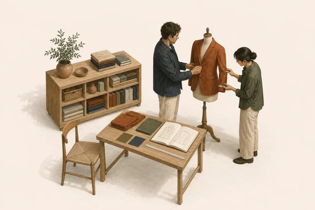 Illustration of a founder and technical designer reviewing an adult jacket sample before production approval