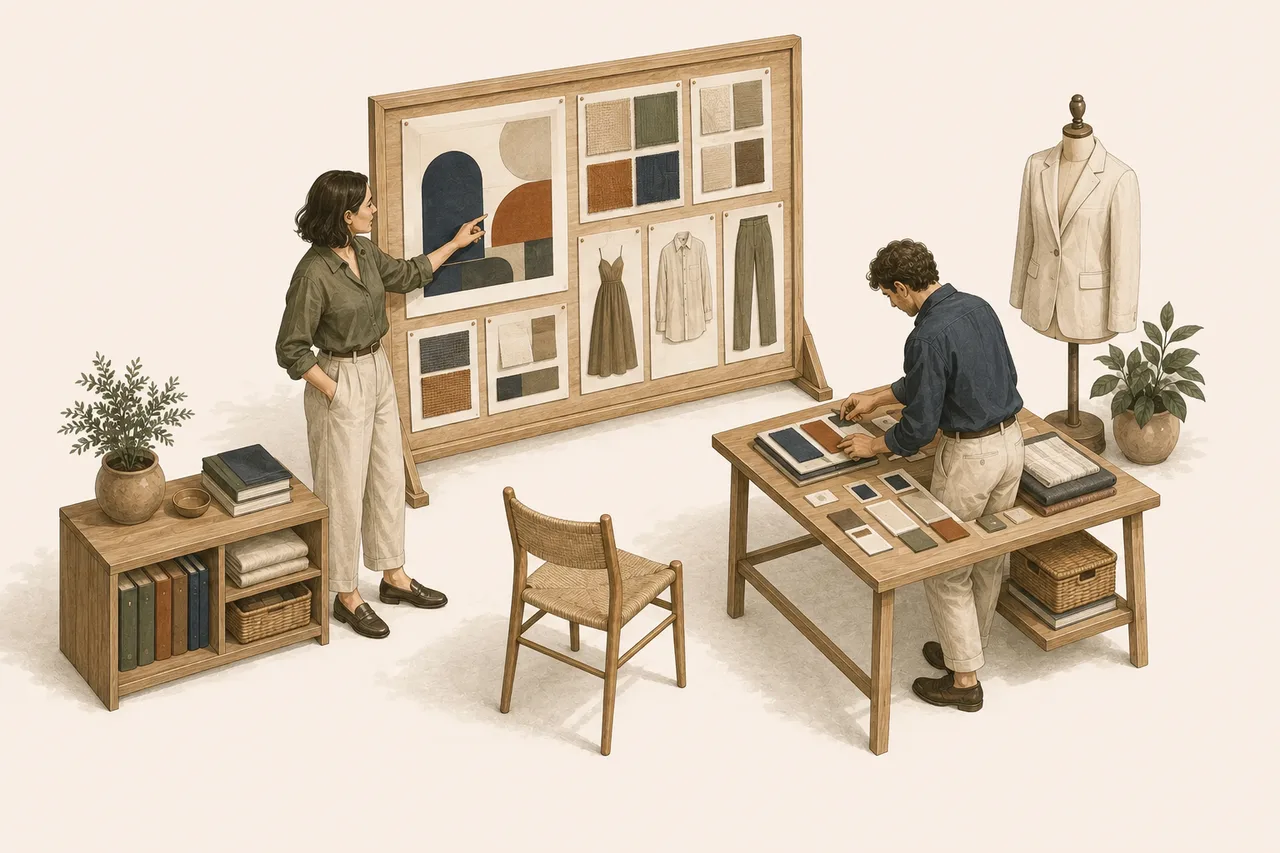 Illustration of an art director and designer reviewing a coordinated brand identity and adult clothing collection