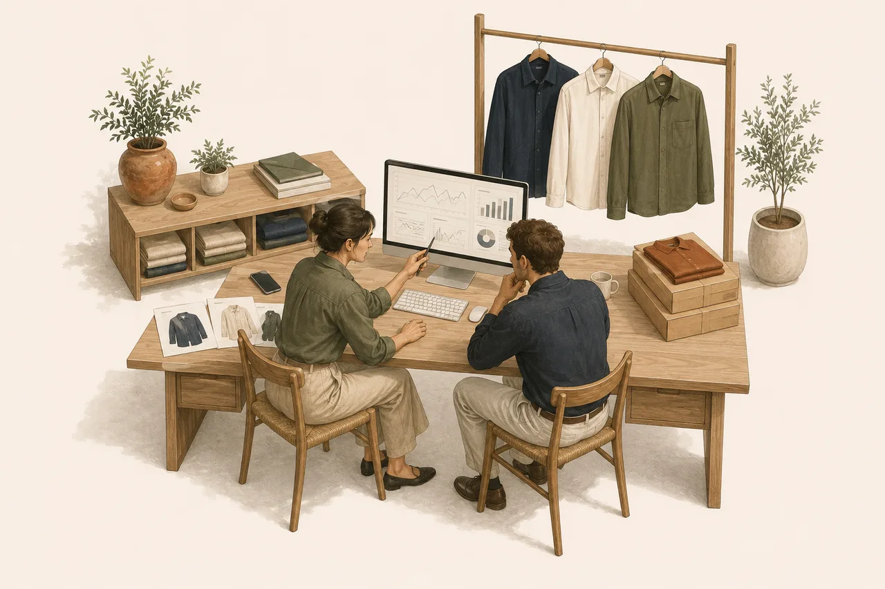 Illustration of a founder and studio lead reviewing launch results and the next collection