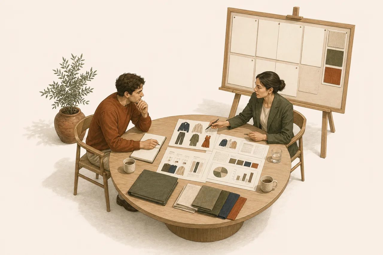 Illustration of a founder and strategist reviewing a first-launch plan at a studio meeting table