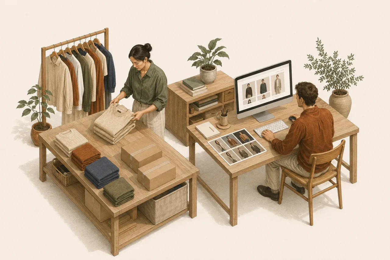 Illustration of coordinated garment inspection, packing and online-store preparation